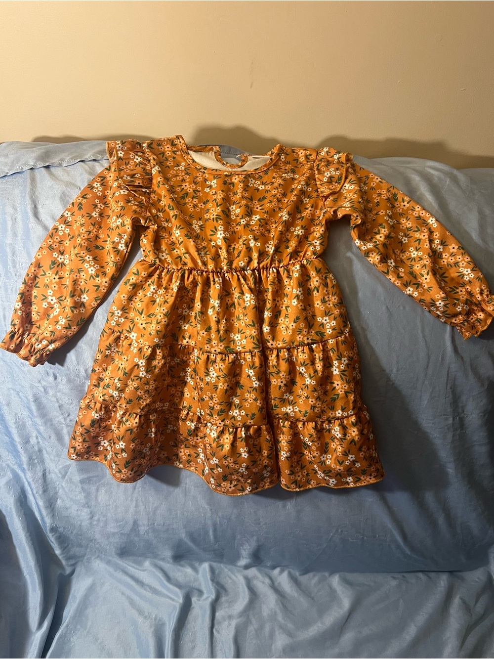 Girls' Floral Tiered Long-Sleeve Dress - Rust